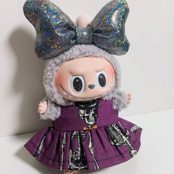 Halloween Skeleton Dress with Oversized Hologram Metallic Bow Labubu Outfit - Picture 2 of 6